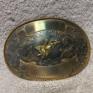 Montana Silversmiths Buckle Huge Bull Rider Dual Gold Banners Nickel USA Great